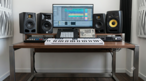 Estudio de producción musical profesional con un monitor grande sobre un teclado MIDI, dos monitores de estudio y una superficie de control sobre un escritorio de madera.