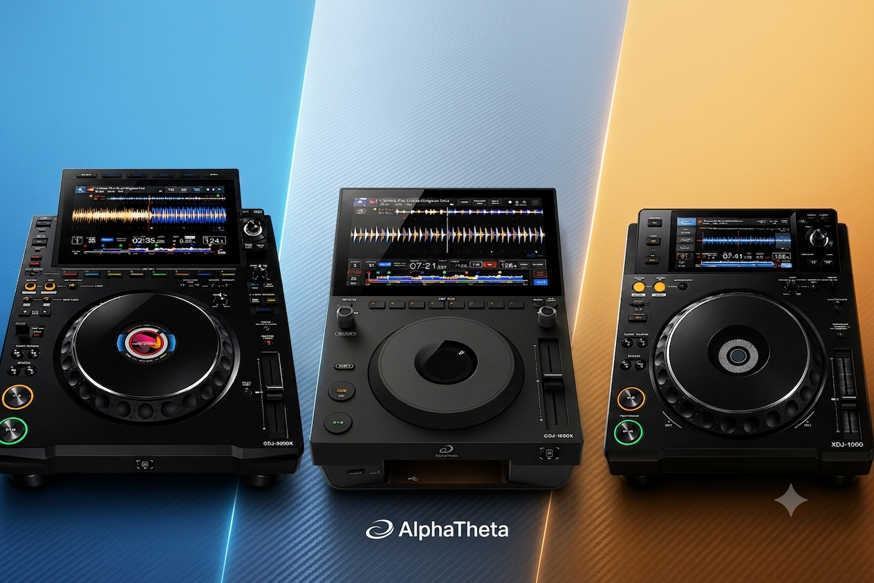 Tres reproductores DJ AlphaTheta con jog wheels grandes y pantallas mostrando formas de onda sobre un fondo degradado azul, plateado y naranja.