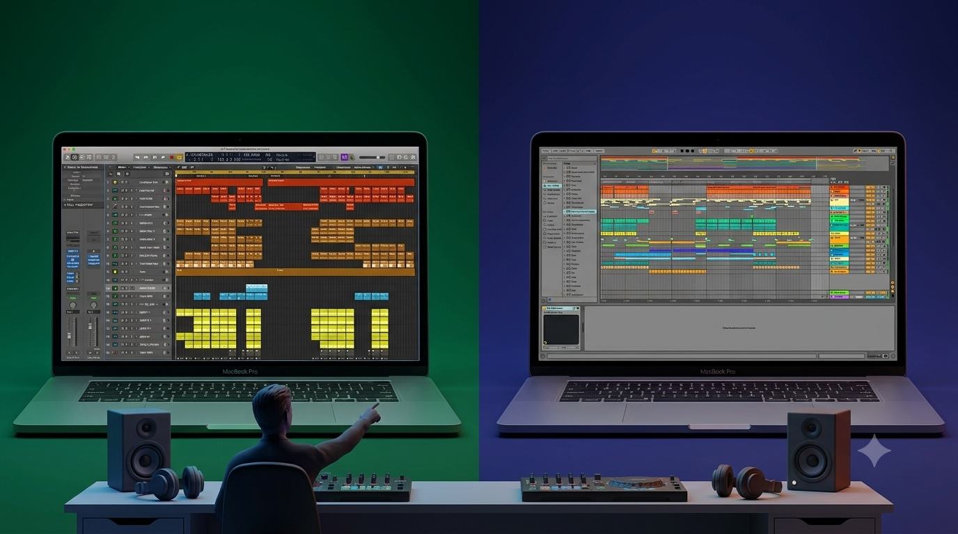 Dos MacBook Pro lado a lado con espacios de trabajo de audio digital: una persona usa un mezclador y auriculares frente a fondos verde y azul.